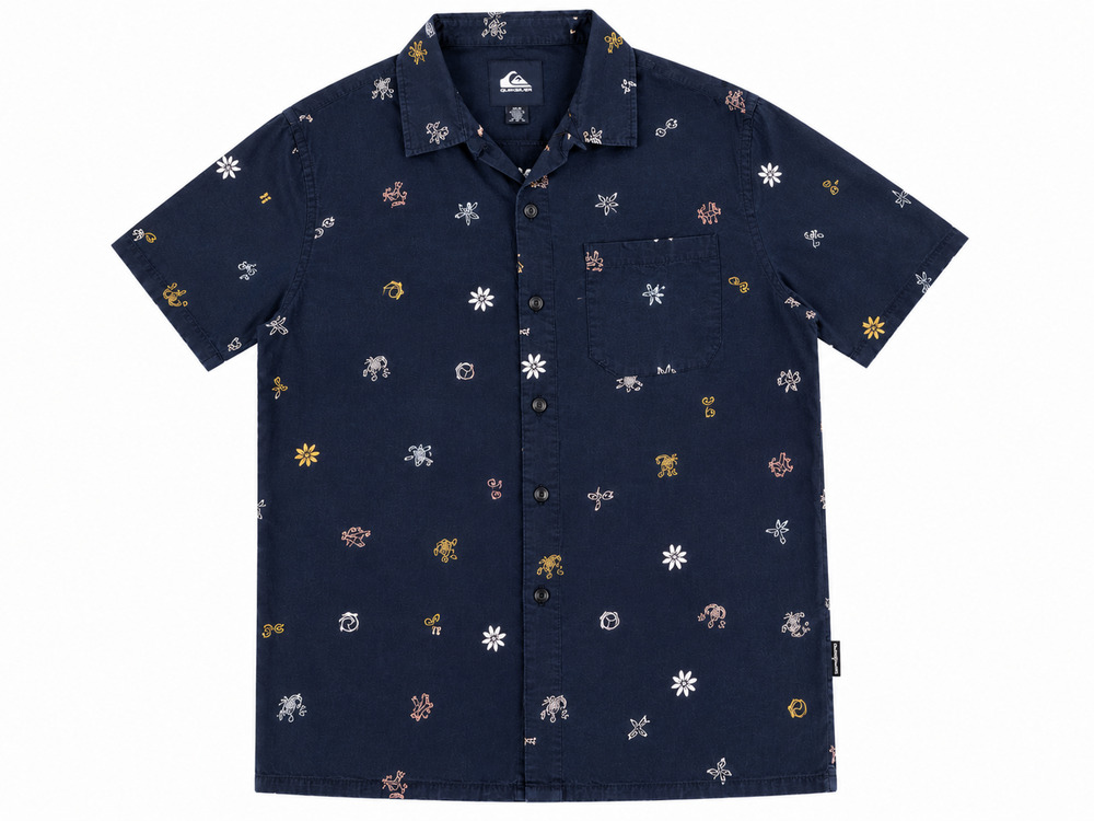 Quiksilver Men's Black Short Sleeve Button-Up Shirt Tropical Surf Print Medium